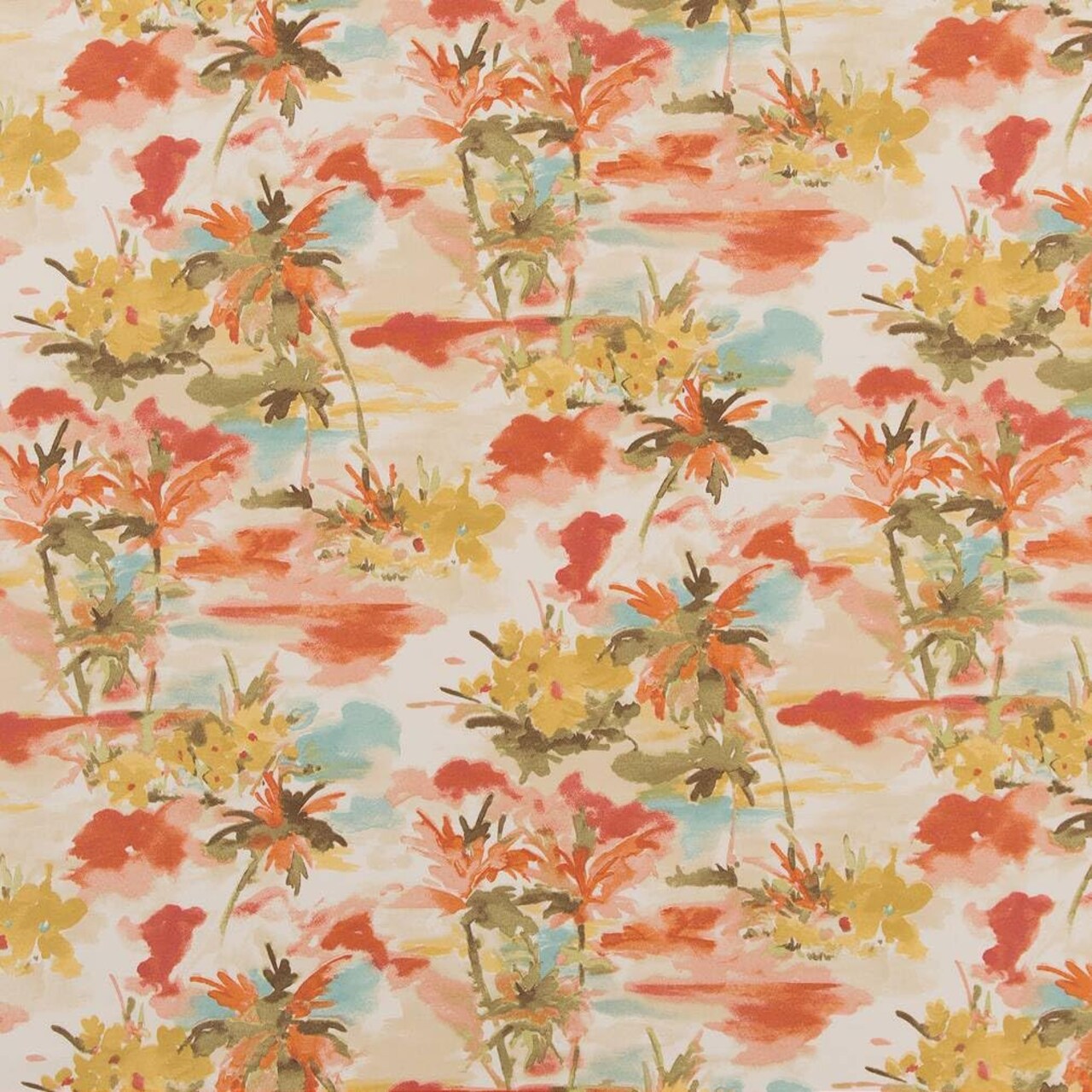 Coral Stain Resistant Performance Pet Friendly Abstract Floral Leaves Botanical Print Upholstery Fabric by The Yard - SKU: Gillian Nassau